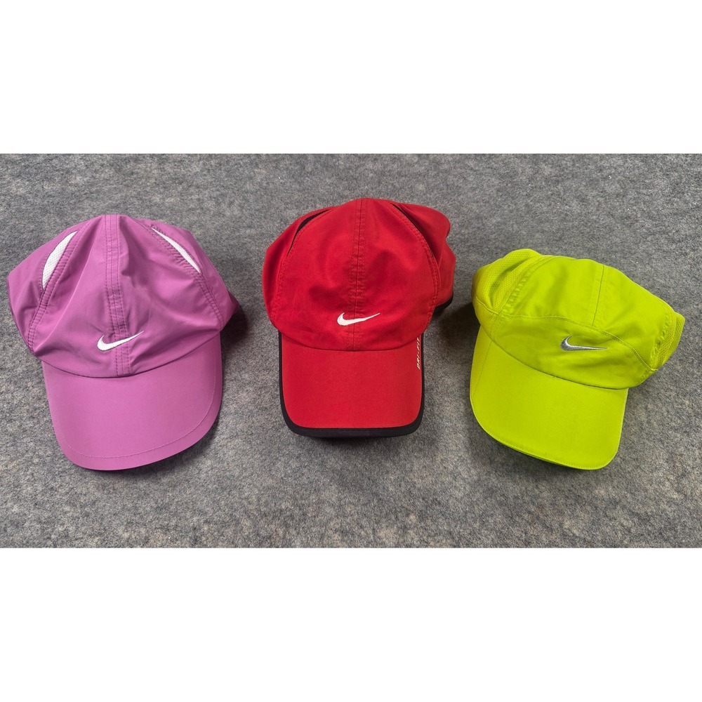 Nike Dri-FIT Featherlight Hat Bundle Lot of 3 Red Neon Yellow Purple Running Cap